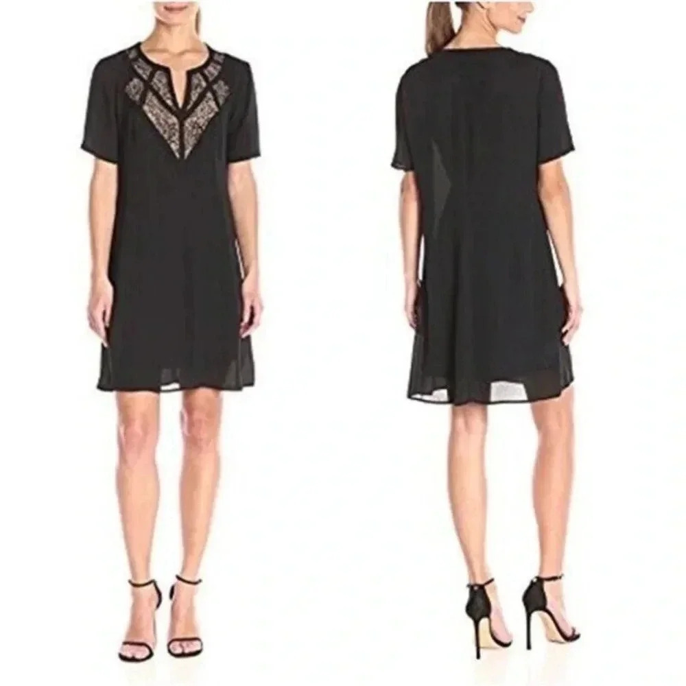 BCBGMAXAZRIA EOS Dress Size XSS Woven with Lace Yoke Fray Short Sleeve Black